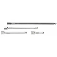 This wobble hand socket extension set features a 3/8 in output drive size and is constructed from chrome. It allows up to 10 degrees of angular articulation, enabling access to fasteners in confined spaces where a fixed-angle extension cannot reach. Suitable for extending the reach of a ratchet or driver in automotive, industrial, and mechanical applications.