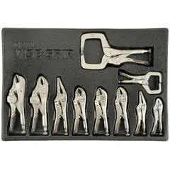 This set includes seven curved-jaw locking pliers with max jaw openings ranging from 1-1/8 in to 4 in. The pliers are supplied in a tray for organized storage. Typical applications include gripping, clamping, and turning in maintenance, fabrication, and repair tasks.