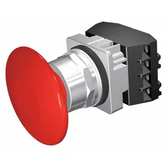 Momentary-action mushroom-head push button with a non-metallic profile, 30 mm mounting size, and 2 normally closed (2NC) contacts. Features pressure plate terminal connections. Suitable for use as a control device in industrial machinery and control panels.