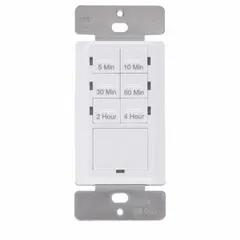 Digital pre-set countdown timer for automatic shut-off of 120V AC loads such as lights, fans, and exhaust fans. Timing range from 5 minutes to 4 hours. SPST switch, white finish, no wall plate included. Suitable for energy-saving and code compliance in residential and commercial spaces.