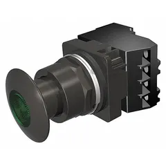 This Siemens illuminated mushroom-head push button is a maintained-action control device with a 30 mm metallic profile. It features 1 normally open and 1 normally closed contact, with pressure plate terminal connections. Typical applications include industrial control panels and machinery where a maintained push button is required for start/stop or emergency stop functions.
