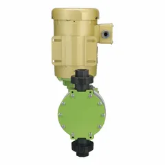 This pump features a PVDF head, PTFE diaphragm, PTFE seals, and ceramic check balls. It operates on 115/230V AC with a 1/2 hp motor and offers ±2.0% reproducibility. Suitable for precise chemical dosing in industrial water treatment, chemical processing, and petrochemical applications.