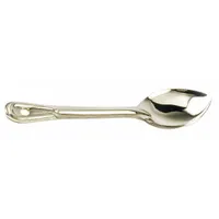 This 15-inch serving spoon is made of stainless steel with a silver finish. Its long handle provides safe reach for basting or serving hot liquids such as soups, stews, and sauces. Suitable for use in commercial or home kitchens