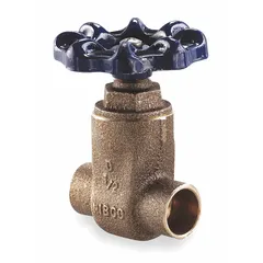 Bronze gate valve with non-rising stem and solid wedge design. Cast brass wedge and bronze bonnet. Rated for 200 psi CWP. Wheel-operated. Suitable for on/off flow control in general-purpose plumbing systems where vertical space is limited.