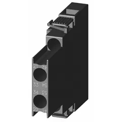 Side-mounted auxiliary contact block with one normally open and one normally closed contact. Designed for Frame Size S00 and compatible with SIRIUS 3RT2 contactors. Used to add signal or control contacts for monitoring and interlocking in motor control applications.