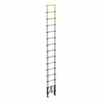 This 15 ft telescoping extension ladder is constructed of aluminum with a yellow finish. It has a 300 lb load capacity, weighs 37 lb, and provides a 12 ft maximum standing height. Suitable for industrial access tasks such as reaching elevated work areas and performing maintenance