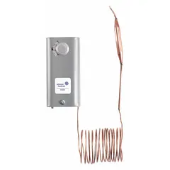 Mechanical thermostat with steel enclosure, SPST switch action (close on rise), and manual reset. Operates on 24 to 277V AC. Temperature control range -30° to 100°F. Includes 10 ft capillary with 4 in x 3/8 in bulb. Used for temperature control in HVAC and industrial applications requiring manual reset protection.