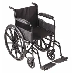 This DMI standard wheelchair features a carbon steel frame with a vinyl seat and back. It has an 18-inch seat width, 16-inch seat depth, and 18-inch back height. The wheelchair includes fixed-height armrests, swingaway footrests, and push-to-lock brakes. Suitable for patient transport in healthcare and home care settings.