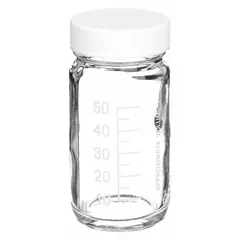 Clear wide mouth round glass bottle made of colorless soda lime glass, with a 60 mL capacity and 38-400 mm screw closure. Graduated body with 43 mm diameter. Suitable for general laboratory storage, sampling, and dispensing of liquids or powders. Sold in a case of 48 bottles.