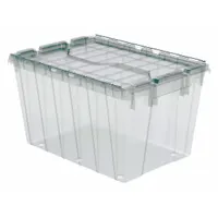 This 12-gallon plastic storage tote features a clear body and clear lid for visual content identification without opening. The attached two-piece lid design secures contents while allowing access. Typical applications include organizing and protecting parts, tools, or inventory in industrial, warehouse, and commercial settings