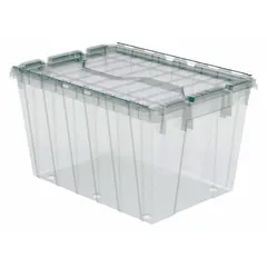 This 12-gallon plastic storage tote features a clear body and clear lid for visual content identification without opening. The attached two-piece lid design secures contents while allowing access. Typical applications include organizing and protecting parts, tools, or inventory in industrial, warehouse, and commercial settings.