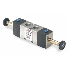 Four-way, two-position solenoid air control valve with aluminum body and DIN solenoid connector. Features internal pilot, non-locking manual override, and solenoid return. Used to direct compressed air in automated pneumatic systems for manufacturing, packaging, and material handling applications.