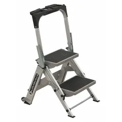 Aluminum folding step stool with two steps and a silver finish. Rated for 300 lb load capacity with an overall height of 2.5 ft. Suitable for accessing low shelving, changing light fixtures, or performing overhead tasks in commercial and industrial settings.