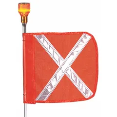 This 10 ft overall height warning whip features an orange flag with a white reflective X for enhanced visibility. It includes a hex base for mounting. Suitable for marking slow-moving vehicles, construction zones, or roadside hazards. Warning light sold separately.