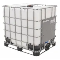 This standard IBC tote features a rectangular HDPE tank with UV-blocking properties for non-hazardous liquids. The wireframe is constructed from galvanized steel. It includes a 2 in NPT butterfly drain valve with male connection. Typical applications include storage and transport of non-hazardous liquids in industrial settings