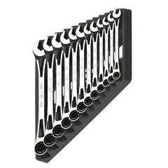 This 12-piece metric 6-point ratcheting combination wrench set includes sizes from 8 mm to 19 mm. The wrenches are made of alloy steel with a chrome finish and come on a storage rack. The ratcheting box end allows for faster fastener turning in confined spaces, suitable for automotive repair, machinery maintenance, and industrial assembly.