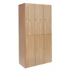 This solid wood wardrobe locker is assembled from plywood with a light wood finish. It features 2 tiers across 3 units wide, with keyed locks for secure storage. Typical applications include employee changing rooms, schools, and gyms.