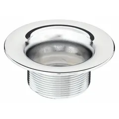 Chrome-plated sink drain strainer with screw-in connection for secure installation. Designed to catch debris and prevent clogs in commercial and institutional washroom sinks. Suitable for standard sink drain openings requiring a threaded strainer.
