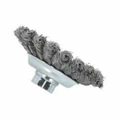 Twisted steel wire wheel brush with 4 1/2" diameter and 3/8" width. Features a 5/8"-11 arbor and 0.02" fill. Designed for heavy cleaning of contoured carbon steel surfaces, removing rust, scale, and weld splatter. Suitable for use with angle grinders in metal fabrication and maintenance tasks.