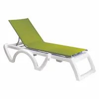 Polyester fabric lounge chair with white PVC-coated construction. Chair height of 14 inches. Suitable for outdoor relaxation in settings such as patios, poolside areas, and hospitality environments