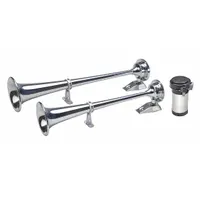 12V DC high-tone trumpet horn with chrome-plated silver finish. Includes 30 A relay. Designed for marine vessels to provide audible warning signals in harbors, channels, and low-visibility conditions