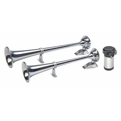 12V DC high-tone trumpet horn with chrome-plated silver finish. Includes 30 A relay. Designed for marine vessels to provide audible warning signals in harbors, channels, and low-visibility conditions.