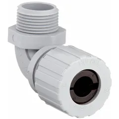 This 90° plastic cable grip provides liquid-tight sealing and strain relief for electrical cables entering junction boxes. It features a 1/2 in MNPT box connection, accepts cord diameters from 0.50 in to 0.63 in, and is constructed with a gray nylon body and brown color-coded grommet. Rated IP66 and Class III, Division 1 & 2 for hazardous locations, it is suitable for dust-laden industrial environments.