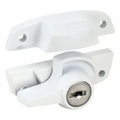 This non-handed sweep lock is designed for use with double-hung windows. It mounts on the sash and includes a handle for operation. The lock features a white enamel-coated finish and has an overall length of 1 inch.