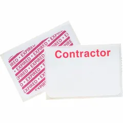 Clip-on ID badge made of white vinyl, measuring 2 inches in height by 3 inches in width. Features a red legend on a white background. Supplied in a 500-pack. Suitable for identifying temporary workers, visitors, or contractors in industrial and commercial settings.