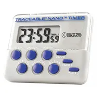 Compact digital timer with LCD display and audible alarm. Counts down from a maximum of 23 hours, 59 minutes, 59 seconds. Includes clock function. Overall dimensions: 1/2 in depth, 2 in height. Suitable for general timing applications in laboratory, industrial, and quality control settings