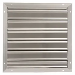 This wall-mount backdraft damper is designed for vertical mounting in exhaust systems, allowing horizontal airflow. It features a single-panel, flat-blade construction with a 27-inch height and width and a 3-inch depth. Rated for a maximum air velocity of 2500 fpm, it prevents reverse airflow when the fan is off.