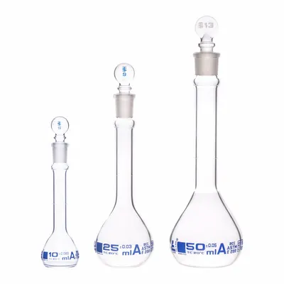 EISCO SCIENTIFIC Erlenmeyer Flask Set: 10 mL_25 mL_50 mL, Colorless, Round, A - Glass Volumetric Flasks