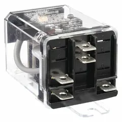 Surface-mounted relay from the SCHNEIDER 389F Power Series with a square base and side flange mounting style. Features SPDT contacts rated at 25 A at 120V AC and an operating current of 15 A at 28V DC-1 (NO/NC). Electrical connection is via quick-connect terminals. Suitable for industrial switching applications requiring reliable control of loads.