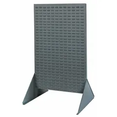 This floor-standing louvered rack is designed for organizing hang-and-stack bins in industrial storage environments. It features two-sided access and a gray powder-coated finish. No bins are included. Suitable for warehouses, manufacturing facilities, and maintenance shops.