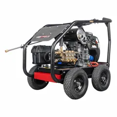 Cart-mounted cold water pressure washer delivering 3,000 psi at 8 gpm, powered by a 22 1/8 hp Honda engine. Suitable for heavy-duty cleaning tasks such as stripping paint, removing grease, and cleaning heavy equipment in commercial and construction settings.