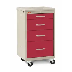 Polymer cart with 4 red drawers in a taupe cabinet. Equipped with (2) swivel casters with brake. Suitable for organizing and transporting medical supplies in healthcare environments.