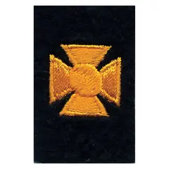Embroidered rank insignia patch measuring 3/4 in, featuring a gold cross design on a black background. Constructed from polyester and rayon. Suitable for attachment to uniforms to denote rank or affiliation.