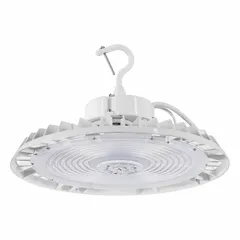 Round LED bay light for mounting heights of 39 to 49 feet. Operates on 120 to 277V AC with selectable color temperature of 3500K, 4000K, or 5000K. Designed to replace 250W to 400W metal halide fixtures. Suitable for industrial and commercial spaces such as warehouses and factories.