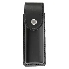 Synthetic leather holster with snap closure for secure pepper spray carry. Designed for personal safety and quick access in security, law enforcement, or civilian self-defense contexts.