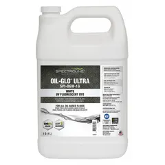 SPECTROLINE Oil-Glo fluorescent dye for refrigerant leak detection in HVAC and refrigeration systems. Supplied in a 1-gallon jug, the dye circulates with refrigerant and escapes at leak points, glowing under UV light for identification.