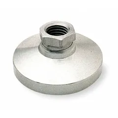 Steel swivel female leveling mount with a 2.5 in base, 5/8"-11 thread size, and 7/8 in hex size. Supports a load capacity of 6,000 lb and includes mounting holes. Used for leveling and stabilizing industrial equipment such as machinery, workstations, and assembly lines.