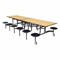 This bi-fold cafeteria table features a navy stool seat and a laminate tabletop surface. The tabletop is constructed from industrial grade high pressure laminate with a particleboard core. Overall height is 29 inches and overall length is 59 inches. Suitable for dining areas in schools, corporate break rooms, and institutional settings
