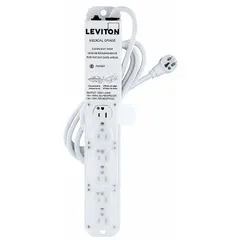 This LEVITON healthcare power strip provides six outlets with surge protection rated at 644 J. It features a 7 ft cord, 15 A current capacity, and a 5-15P plug with 5-15R receptacles. The white unit is designed for screw mounting, suitable for use in medical environments where secure installation and reliable power distribution are required.