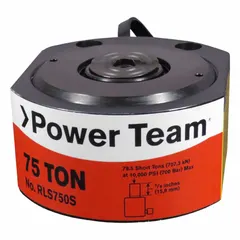 Single-acting low profile hydraulic ram with 75 ton nominal capacity and 1 in nominal stroke length. Designed for lifting, pressing, and maintenance tasks in confined spaces where standard rams cannot fit. Suitable for heavy industrial applications requiring compact high-force solutions.