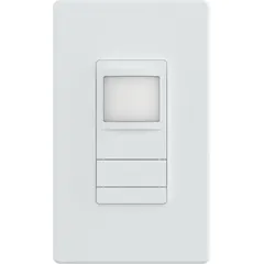 Hard-wired occupancy sensor for wall-switch installation. Operates on 120 to 277V AC and does not require a neutral wire. Switch-only unit with no nightlight function, white finish. Suitable for automatic lighting control in commercial or industrial spaces.