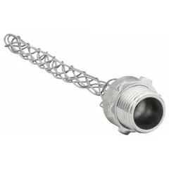 Straight metallic cord grip with mesh strain relief, aluminum body, 1/2 in MNPT box connection, accommodates cord diameters 0.32 to 0.43 in. Galvanized steel external strain relief. Rated Class I, Division 2 for hazardous locations. Used to secure and seal wiring in areas with flammable gases or vapors.