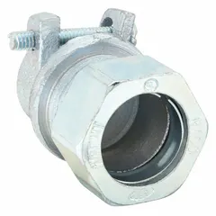 Iron coupling with zinc-plated finish, UL Listed, for connecting EMT conduit of 1/2 in and 3/8 in trade sizes. Clamp-type connection, overall length 1 5/16 in. Used in electrical installations to transition between conduit sizes.