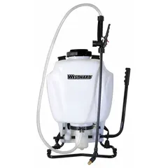 This manual pump sprayer is designed for garden and agricultural use. It features a 4-gallon mix-in-tank capacity and is chemically compatible with pesticides. The sprayer is suitable for applying liquid treatments in outdoor settings.