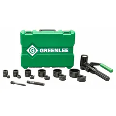 This hydraulic punch driver set includes a Quick Draw Hydraulic Driver, Slug Buster punches and dies in sizes 1/2, 3/4, 1, 1-1/4, 1-1/2, and 2 in, draw studs, and a plastic carrying case. Designed for punching holes in mild steel, it is used for creating knockout openings in electrical enclosures and junction boxes.