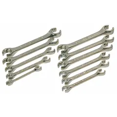This 11-piece set includes double-end flare nut wrenches in SAE and Metric sizes, made of alloy steel with a chrome finish. Each wrench features a 6-point, 0° opening angle for secure grip on nut flats. Used for tightening or loosening flare nuts on brake lines, fuel lines, and hydraulic fittings in automotive and industrial applications.